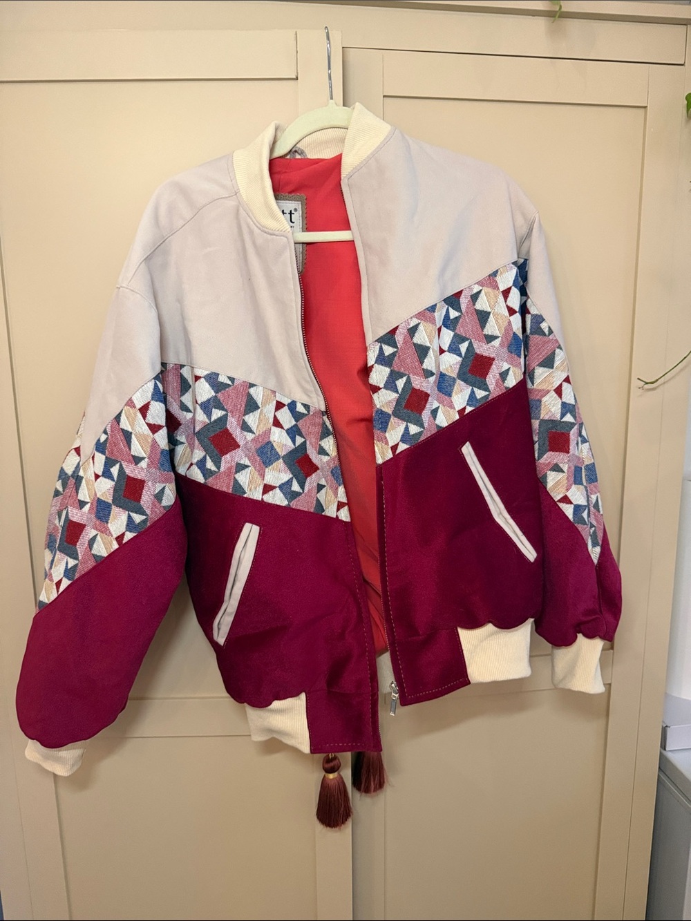 Women's Geometric Panel Bomber Jacket in Burgundy and Cream